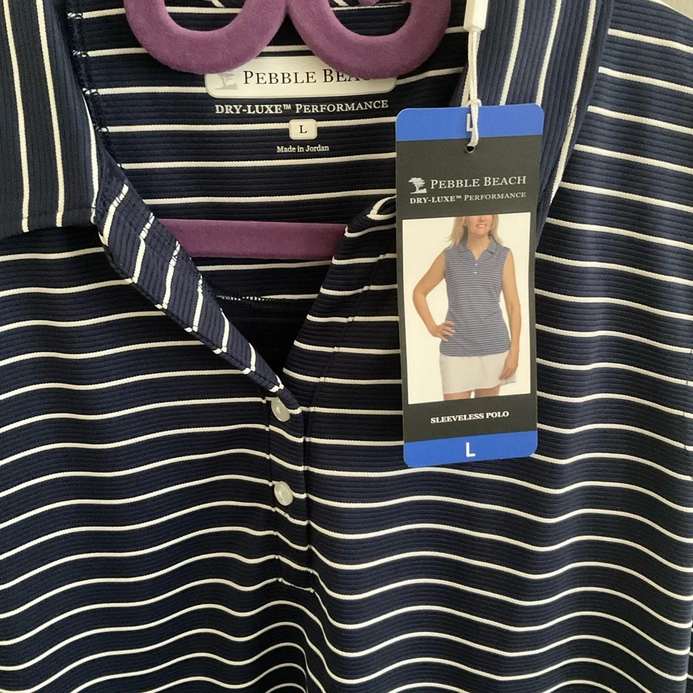 Pebble Beach Women's Navy and White Striped sleeveless polo.